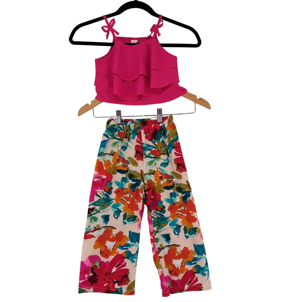 SHEIN Girls 2PC Set Hot Pink Ruffle Cami Top and Floral Wide Leg Pants Size 4Y